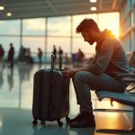A traveler examines an overstuffed rolling suitcase in a busy airport terminal, reflecting on their packing choices amid warm evening light.