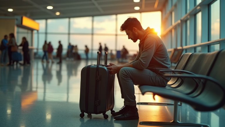A traveler examines an overstuffed rolling suitcase in a busy airport terminal, reflecting on their packing choices amid warm evening light.