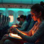 Traveler in an airplane cabin adjusting compression socks beneath a softly lit tray table, with a calm expression and travel scene in the background.