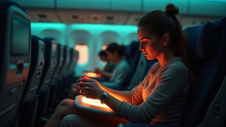 Traveler in an airplane cabin adjusting compression socks beneath a softly lit tray table, with a calm expression and travel scene in the background.