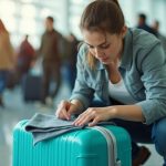 Traveler locking a teal suitcase in a busy airport, focused on securing luggage amid a bustling terminal.