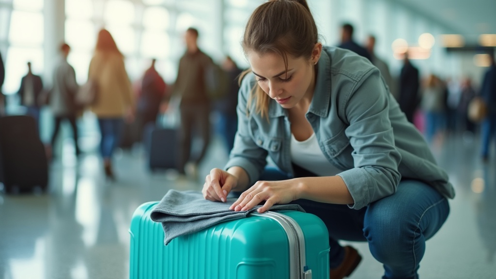 Traveler locking a teal suitcase in a busy airport, focused on securing luggage amid a bustling terminal.