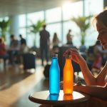 Traveler in an airport lounge deciding between two colorful water bottles amid travel gear, highlighting practical travel choices