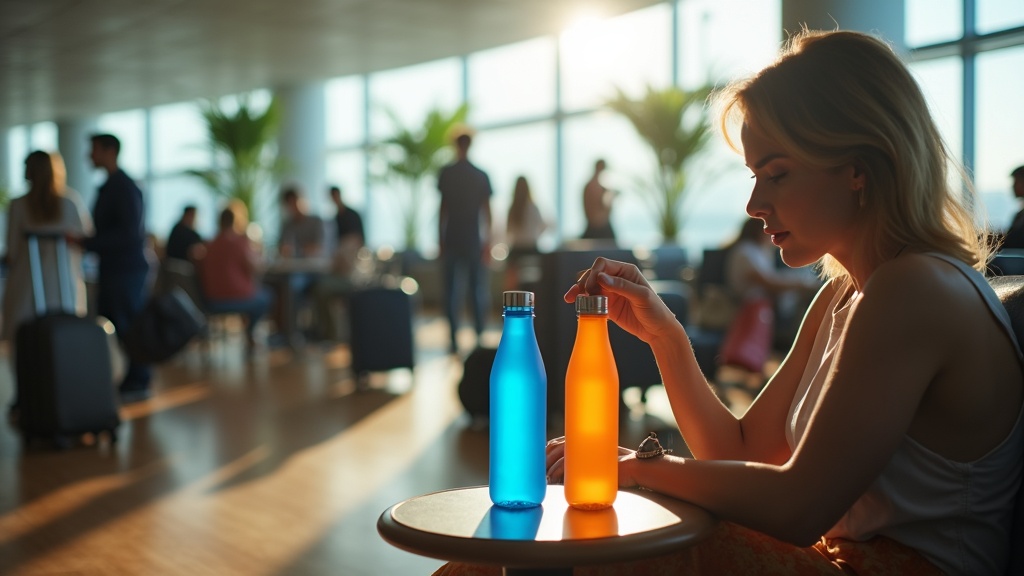 Traveler in an airport lounge deciding between two colorful water bottles amid travel gear, highlighting practical travel choices