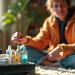 Traveler thoughtfully selecting items for a compact first aid kit while packing luggage in a sunlit, cozy room filled with travel gear.
