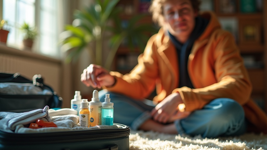 Traveler thoughtfully selecting items for a compact first aid kit while packing luggage in a sunlit, cozy room filled with travel gear.