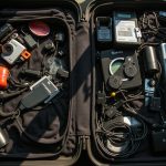 A crowded suitcase interior with assorted gadgets and accessories partially concealed among fabric compartments, evoking the challenge of efficient packing.