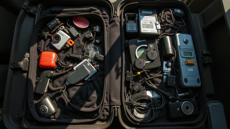 A crowded suitcase interior with assorted gadgets and accessories partially concealed among fabric compartments, evoking the challenge of efficient packing.