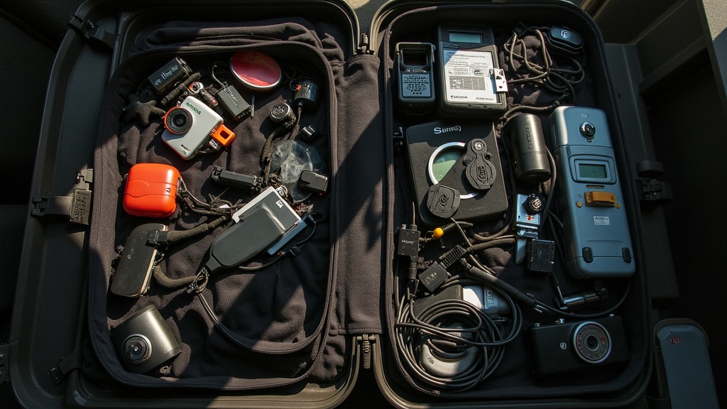 A crowded suitcase interior with assorted gadgets and accessories partially concealed among fabric compartments, evoking the challenge of efficient packing.