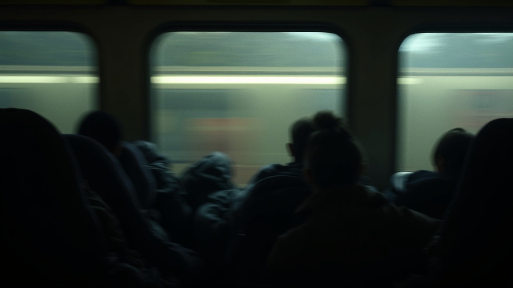 Dimly lit train carriage filled with travelers and luggage, highlighting the crowded and warm conditions of an overnight journey.