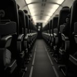 Distorted airplane aisle with curving lines and fragmented shadows, highlighting the discomfort of cramped travel spaces for tall passengers
