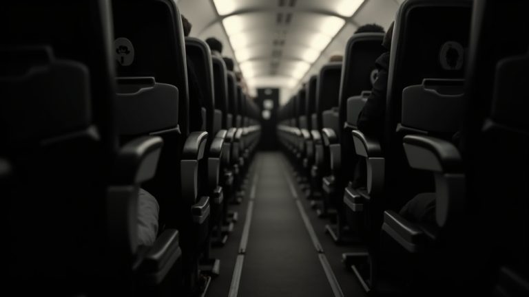 Distorted airplane aisle with curving lines and fragmented shadows, highlighting the discomfort of cramped travel spaces for tall passengers