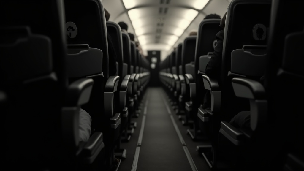 Distorted airplane aisle with curving lines and fragmented shadows, highlighting the discomfort of cramped travel spaces for tall passengers