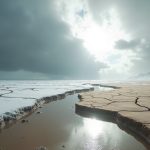 A dramatic landscape where desert meets snow under stormy skies, highlighting the challenge of packing for sudden and extreme weather changes.
