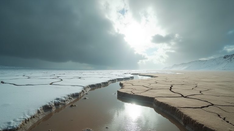 A dramatic landscape where desert meets snow under stormy skies, highlighting the challenge of packing for sudden and extreme weather changes.
