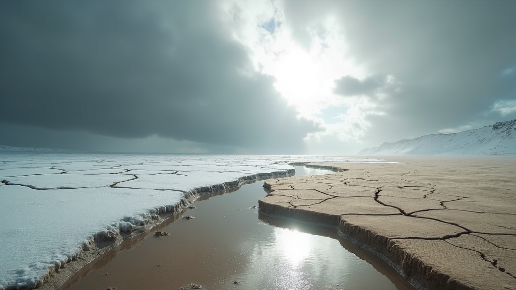 A dramatic landscape where desert meets snow under stormy skies, highlighting the challenge of packing for sudden and extreme weather changes.