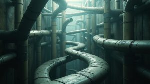 A tangled network of semi-transparent tubes with distorted paths, symbolizing the complex challenges of maintaining water bottle hygiene while traveling.