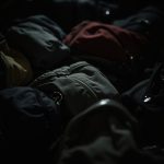 Confined space on a night bus with various bags and personal belongings blurred together in dim lighting, highlighting the uncertainty of securing valuables while traveling.
