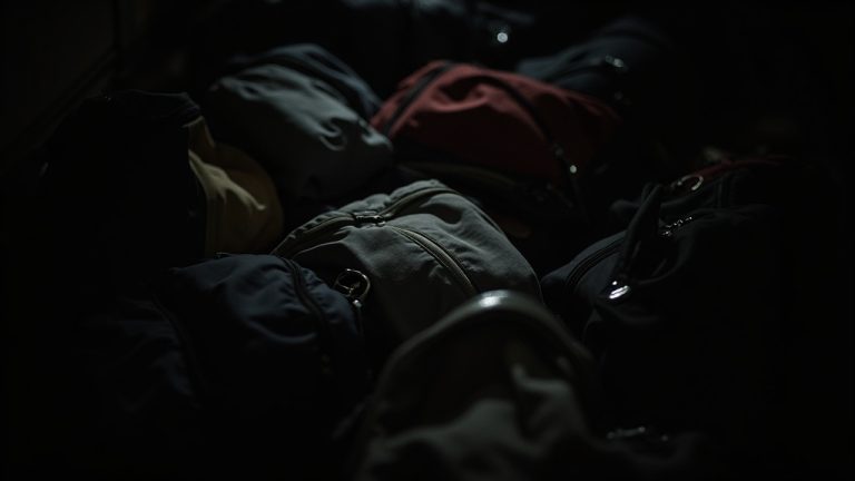 Confined space on a night bus with various bags and personal belongings blurred together in dim lighting, highlighting the uncertainty of securing valuables while traveling.