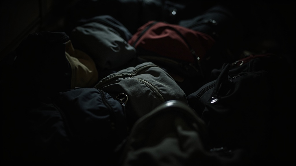 Confined space on a night bus with various bags and personal belongings blurred together in dim lighting, highlighting the uncertainty of securing valuables while traveling.