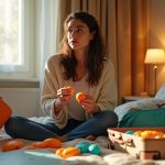 A traveler sits thoughtfully on a bed with an open suitcase, considering reusable travel accessories surrounded by bright citrus and teal items in a cozy, sunlit room.