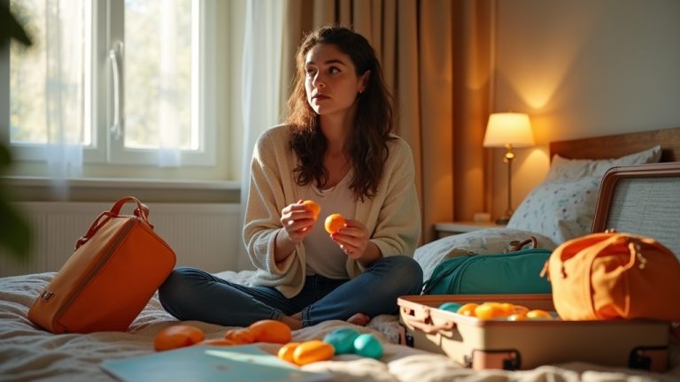 A traveler sits thoughtfully on a bed with an open suitcase, considering reusable travel accessories surrounded by bright citrus and teal items in a cozy, sunlit room.