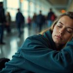 A tired traveler resting against their suitcase in a busy, brightly lit airport terminal, with blurred motion in the background highlighting the contrast between stillness and movement.