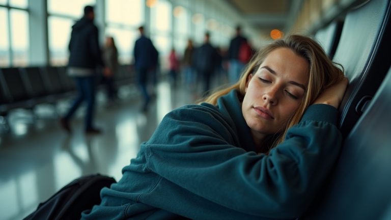 A tired traveler resting against their suitcase in a busy, brightly lit airport terminal, with blurred motion in the background highlighting the contrast between stillness and movement.