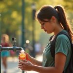 Young traveler rinsing a reusable water bottle at a city park fountain amid afternoon sunlight and urban activity