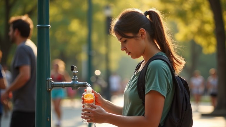 Young traveler rinsing a reusable water bottle at a city park fountain amid afternoon sunlight and urban activity