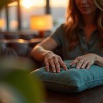 A traveler in an airport lounge carefully wiping a soft travel pillow with natural light highlighting the cleaning process and a relaxed atmosphere.