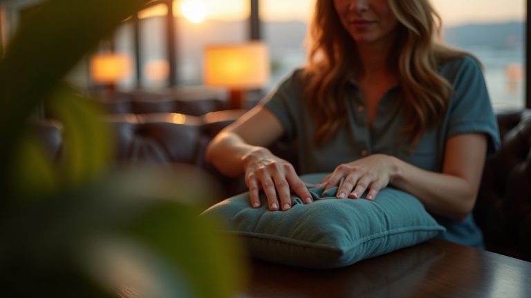 A traveler in an airport lounge carefully wiping a soft travel pillow with natural light highlighting the cleaning process and a relaxed atmosphere.