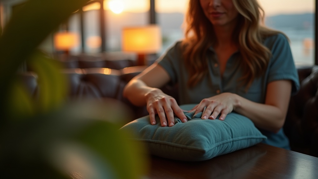 A traveler in an airport lounge carefully wiping a soft travel pillow with natural light highlighting the cleaning process and a relaxed atmosphere.