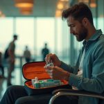 Traveler sitting in a lively airport lounge pauses while packing dental hygiene essentials into a compact bag, with sunlight and modern furnishings highlighting the scene.