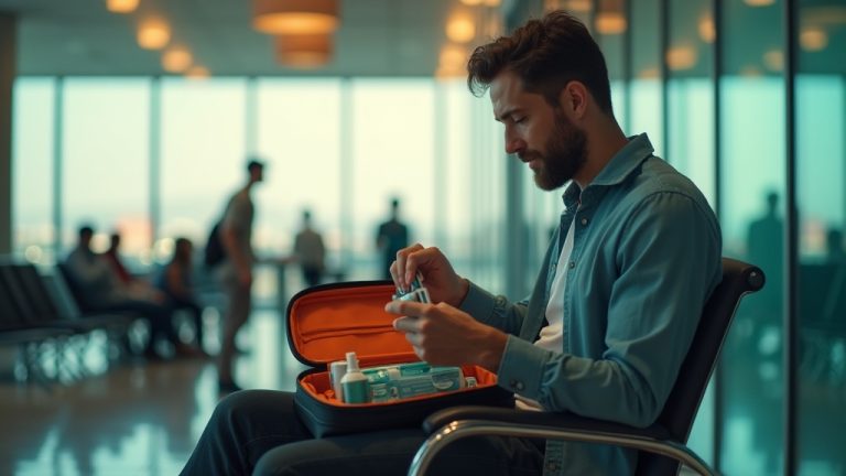 Traveler sitting in a lively airport lounge pauses while packing dental hygiene essentials into a compact bag, with sunlight and modern furnishings highlighting the scene.