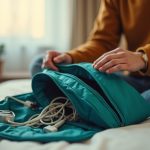 A traveler calmly sorting tangled cables from a teal pouch on a hotel bed, preparing electronics amid warm afternoon light and cozy packing surroundings.