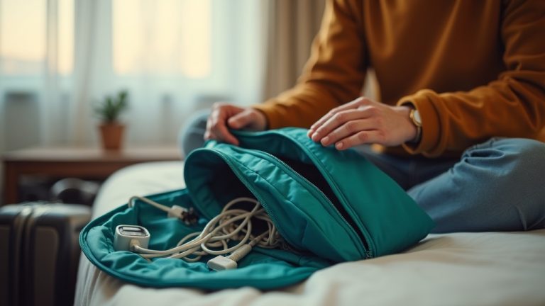 A traveler calmly sorting tangled cables from a teal pouch on a hotel bed, preparing electronics amid warm afternoon light and cozy packing surroundings.