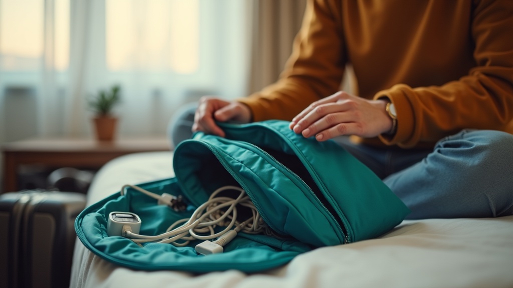 A traveler calmly sorting tangled cables from a teal pouch on a hotel bed, preparing electronics amid warm afternoon light and cozy packing surroundings.