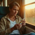 A traveler discreetly applies a compact deodorant in a warmly lit train compartment during the golden hour, highlighting practical hygiene on the go.