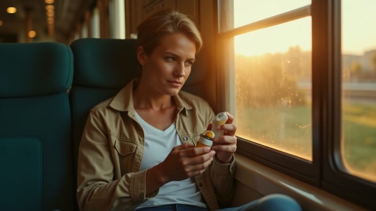A traveler discreetly applies a compact deodorant in a warmly lit train compartment during the golden hour, highlighting practical hygiene on the go.