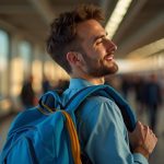 Traveler in a busy train station adjusting a bright blue backpack strap, highlighted by natural sunlight and vibrant surroundings, embodying comfort and relief.