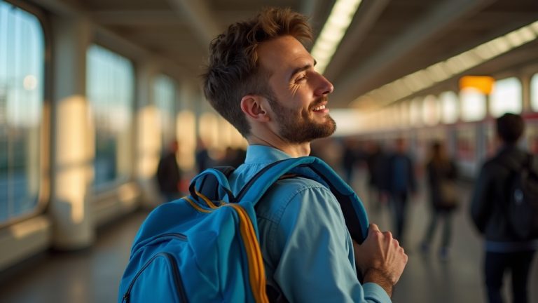 Traveler in a busy train station adjusting a bright blue backpack strap, highlighted by natural sunlight and vibrant surroundings, embodying comfort and relief.