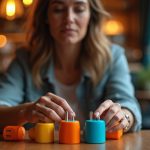 A traveler at a café thoughtfully examines several colorful travel adapters on a wooden table, with warm and cool light highlighting the scene.