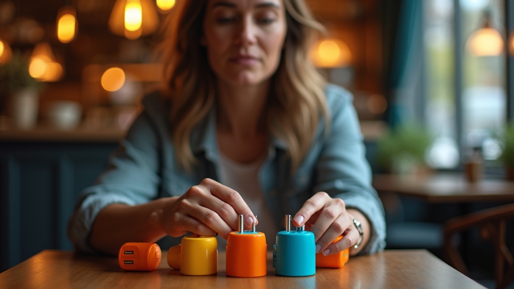A traveler at a café thoughtfully examines several colorful travel adapters on a wooden table, with warm and cool light highlighting the scene.