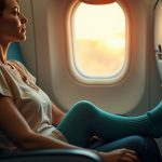 Traveler on airplane with patterned teal compression sock visible, sitting thoughtfully in sunlight with detailed seat textures in view
