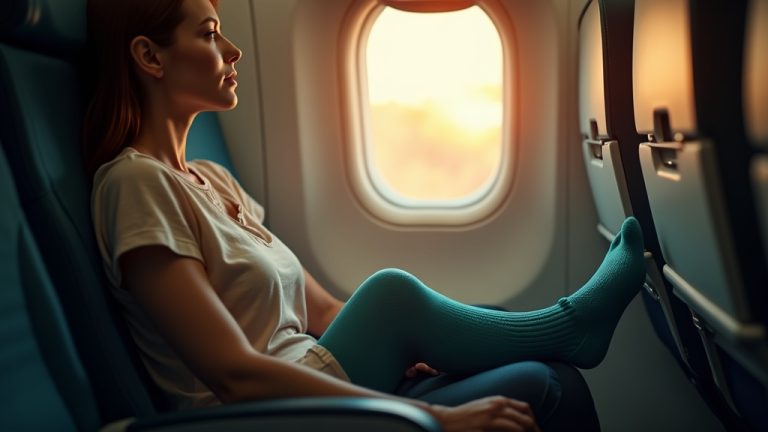 Traveler on airplane with patterned teal compression sock visible, sitting thoughtfully in sunlight with detailed seat textures in view