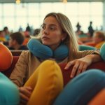 A traveler seated in a sunlit airport terminal surrounded by colorful neck pillows, thoughtfully considering which one to choose amid a busy atmosphere.