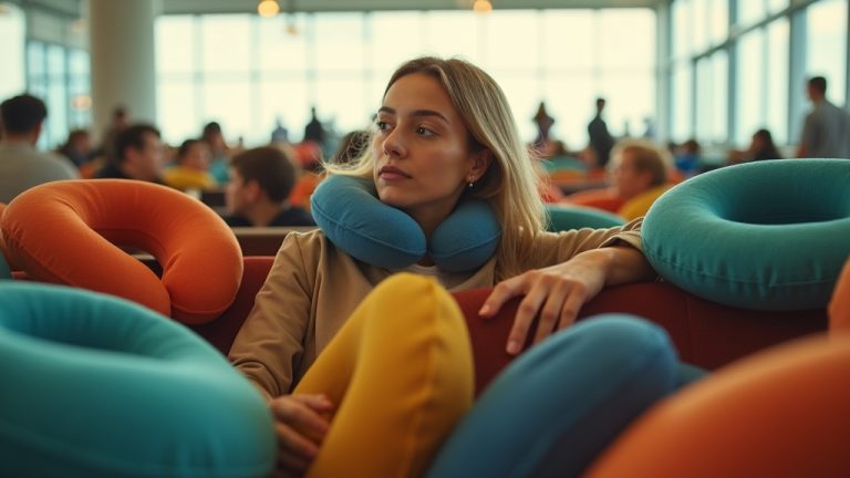 A traveler seated in a sunlit airport terminal surrounded by colorful neck pillows, thoughtfully considering which one to choose amid a busy atmosphere.