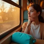 A young traveler using facial mist by a sunlit train window, surrounded by personal care items in a cozy train compartment.