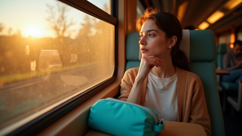 A young traveler using facial mist by a sunlit train window, surrounded by personal care items in a cozy train compartment.